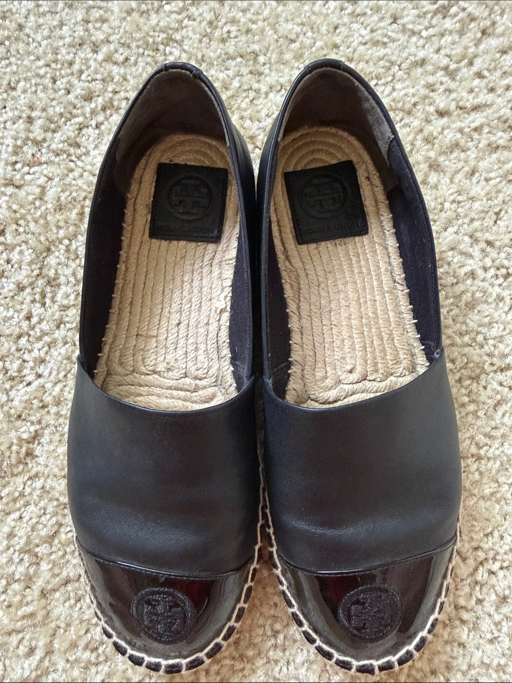 Tory Burch Black Leather Espadrille Flats with Patent Toe